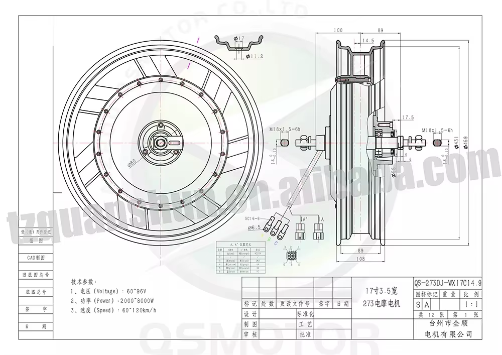 17 Inch Motorcycle Rim Hub Motor 72V - QSMOTOR QS273 Moteur de moyeu électrique